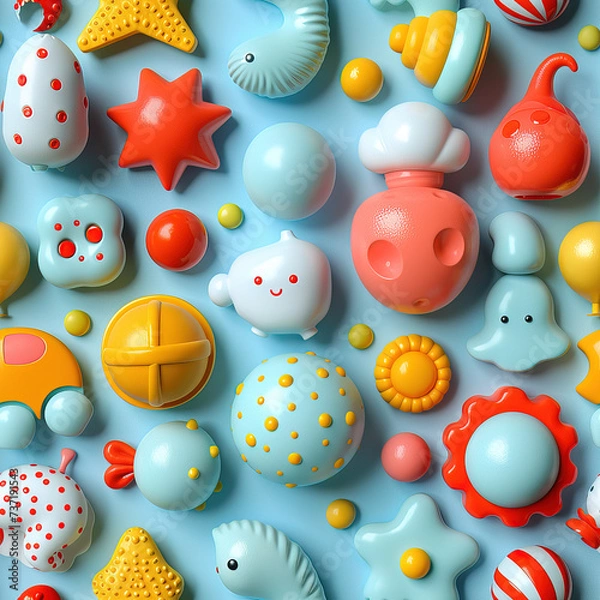 Fototapeta Child playroom with toys, 3d cartoon repeat pattern	