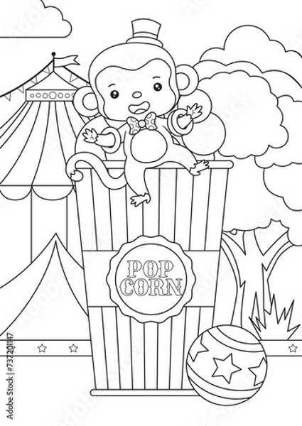 Fototapeta Coloring page outline of cute circus monkey sitting on popcorn with circus tent on the background
