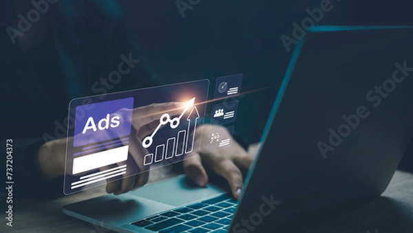 Fototapeta Ad (advertise)  show laptop display screen from advertisers on internet. Ads banner campaign to target. Online Advertising, ad on internet, digital marketing concept.