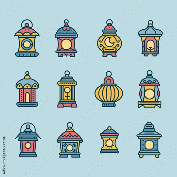 Fototapeta A vibrant set of colorful ornate lanterns illustration with line art and flat color design style. 