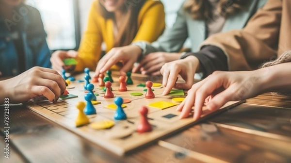 Obraz close-up of playing board game and having fun with friends and family in room indoors, board game concept, group of kids children play board games at the table, roll the dice
