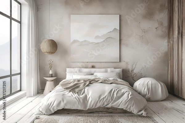 Fototapeta modern bedroom with king size bed in white tone on white background