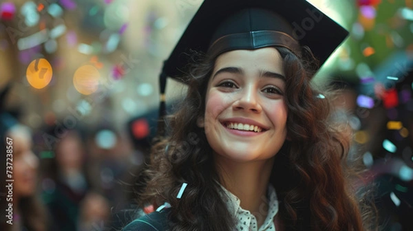 Fototapeta Graduation happy student celebrating graduation, featuring a beaming graduate in cap and gown, academic success, university, pride and joy of academic achievement and graduation degree completed