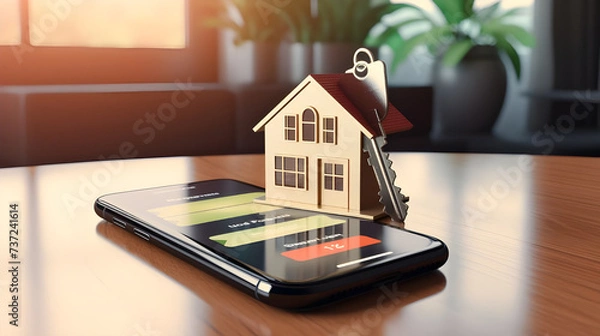 Fototapeta  A smartphone displaying a mortgage loan approval notification with a house key icon, symbolizing successful application.