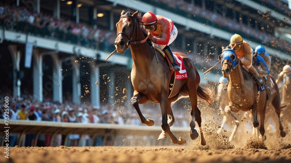 Fototapeta Leading the pack. A jockey and his Thoroughbred thunder down the track in front of the pack.Room for text or copy space