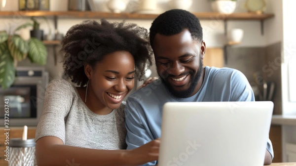 Fototapeta Happy african young couple use laptop planning with bills and paying bill, credit card, finance, money, business and online banking, financial managing budget and accounting concept