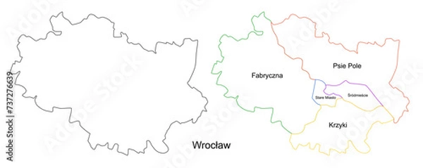Fototapeta Vector map of Wroclaw and its districts. Highly detailed vector outline, black silhouette. All isolated on white background