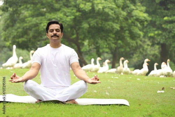 Obraz Happy Indian man doing yoga early morning in a tranquil environment surrounded with lush green serene atmosphere. high concentration level. 