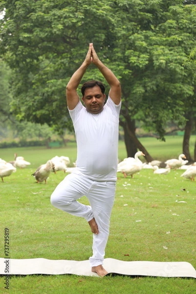 Obraz A young obese man exercising and doing Yoga poses in a green serene environment early morning in a park to maintain a healthy lifestyle. Fit India