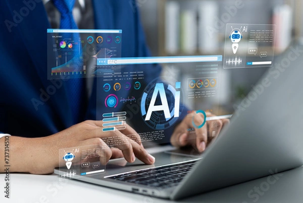 Fototapeta Businessman use artificial intelligence AI technology for enhanced work efficiency data analysis and efficient tools, Unlocking work potential with AI solutions chatbot help solve work problems.
