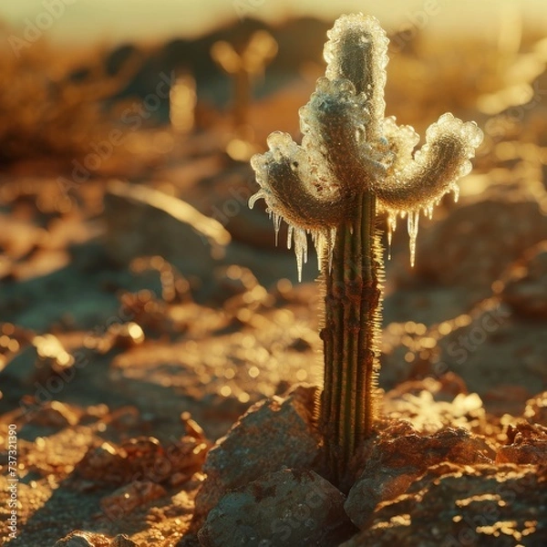 Obraz A cactus covered with ice in the desert, High and short depth of field, analytic drawing, UHD, high resolution --v 6 Job ID: 1f8fa0ef-ddb1-4b6f-8add-ab1c584341a7