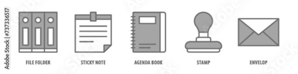 Fototapeta Envelop, Stamp, Agenda book, Sticky note, File folder editable stroke outline icons set isolated on white background flat vector illustration.