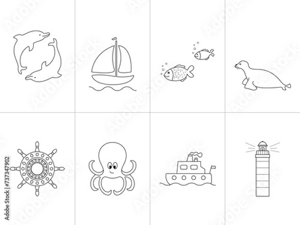 Fototapeta Set of eight coloring pages. Sea Theme. Vector illustration. Set No. 1.