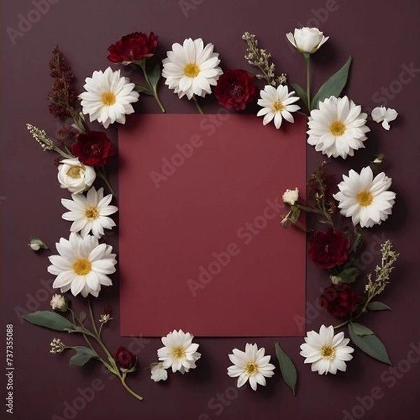 Fototapeta an empty white postcard with flowers surrounded on a dark red background