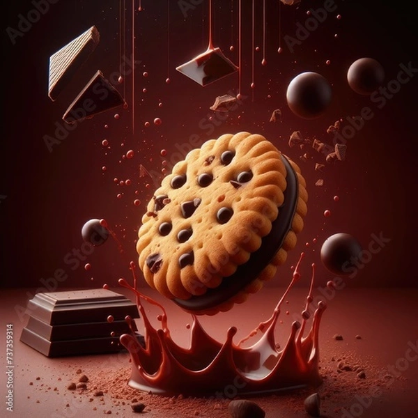 Fototapeta Sensory Indulgence: Biscuit's Tempting Drop with Chocolate Pomp Flourish