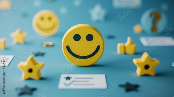 Fototapeta Smiley face surrounded by positive symbols, thumbs-up gestures, stars, and happy emoticons Feedback rating and customer satisfaction, positive experiences and reviews.