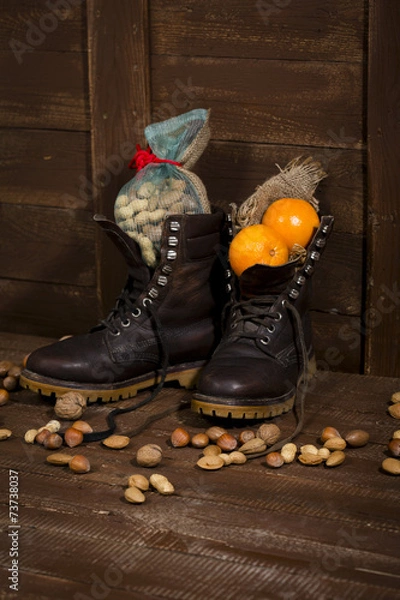 Obraz Nikolausstiefel mit Nüssen und Orangen