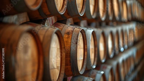 Fototapeta A wall of wooden barrels stacked on top of each other.