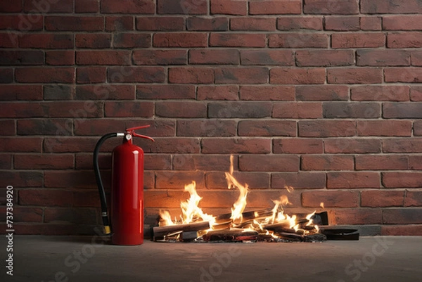 Fototapeta Fire extinguisher and bonfire on brick wall background.