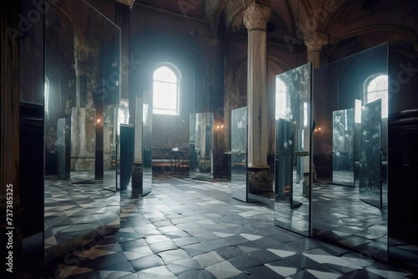 Fototapeta Mirror room, exclusive interior design. The concept of the purity of the versatility of illusory world. AI generated.