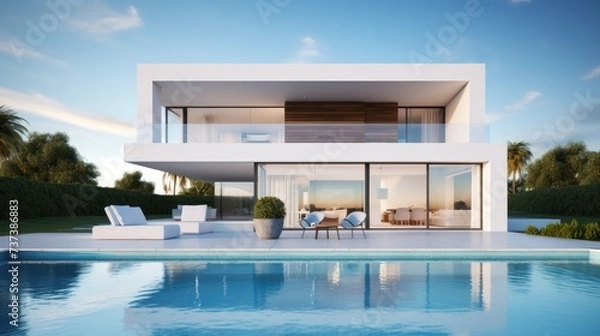 Fototapeta A sleek, modern luxury home featuring expansive glass walls, minimalist design, and an inviting infinity pool with a clear blue sky background.