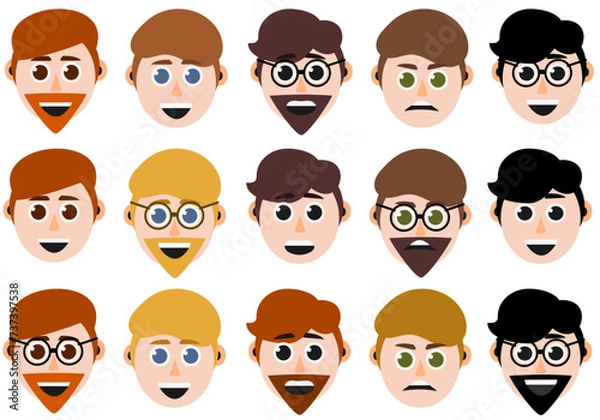 Obraz Happy, angry, excited vector male faces with different hair styles.