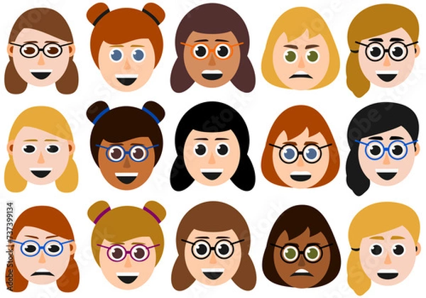 Obraz Happy, angry, excited vector female character faces with different hair styles. 