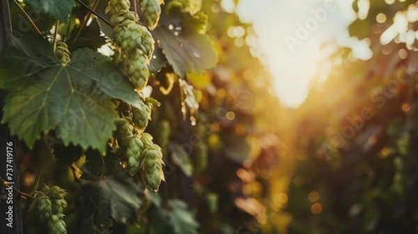 Obraz Green fresh hops close-up against the background of a hop plantation. Production of different types of hops for the production of craft beer.