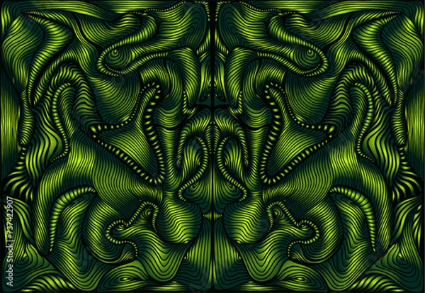 Fototapeta Bright psychedelic symmetrical trippy fractal mandala, gradient green lime color background. 3D effect. Stylish card.
