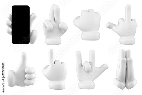 Obraz Set of white emoji gestures isolated. Showing hand icon, symbol, signal and sign. 3d rendering.