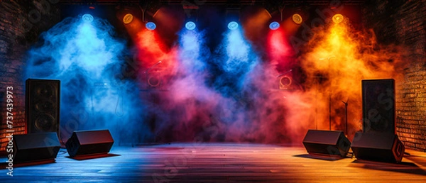 Fototapeta Concert Stage with Bright Spotlights and Smoke, Entertainment Event Background, Live Music Performance Scene