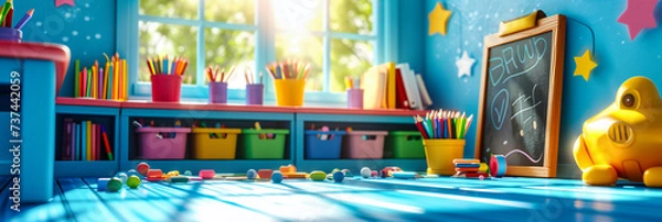 Fototapeta Colorful learning, a preschool classroom filled with toys and colorful furniture, ready for playful education