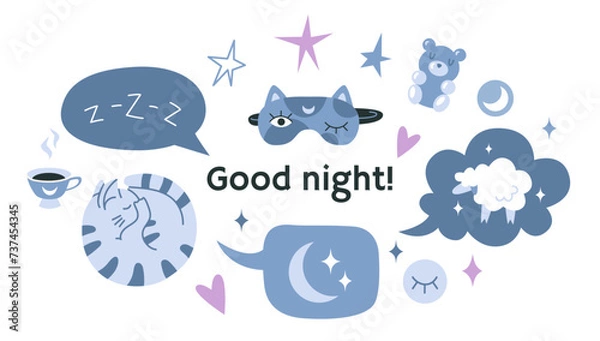 Fototapeta Good night banner. Healthy sleep, recovery and relaxation concept. Isolated cartoon vector illustration, flat design