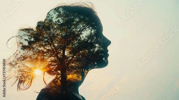 Fototapeta Double Exposure Portrait of Woman with Tree Silhouette at Sunset
