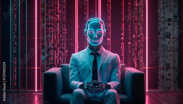 Fototapeta Artificial Intelligence in Psychology with chatbots acting as therapist psychologists. Neon robot psychologist sits on a sofa in cyberspace