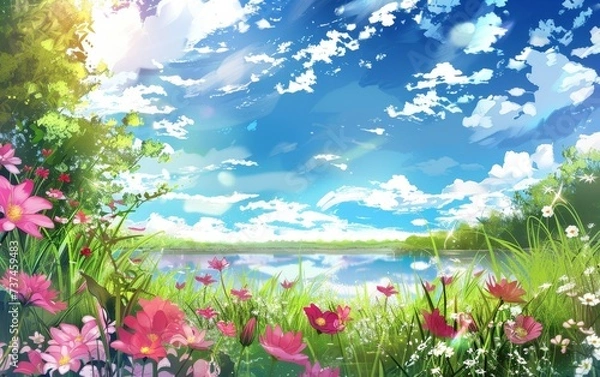 Obraz Vibrant pink flowers adorn the lakeside, with a beautiful reflection in the calm waters under a sky painted with soft clouds