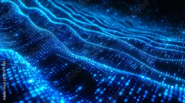 Fototapeta Blue Wavy Digital Landscape with Binary Code
