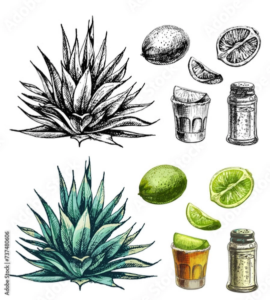 Obraz Cactus blue agave. Vector vintage hatching color illustration. Isolated on white