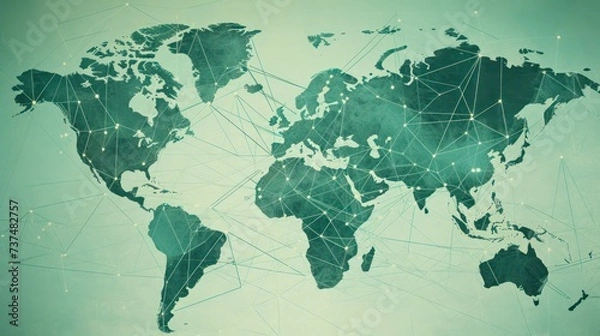 Fototapeta a aquamarine blue world map with a lot of connections, in the style of white indigo and green, social network analysis,  intricate composition, exacting precision, internet-inspired