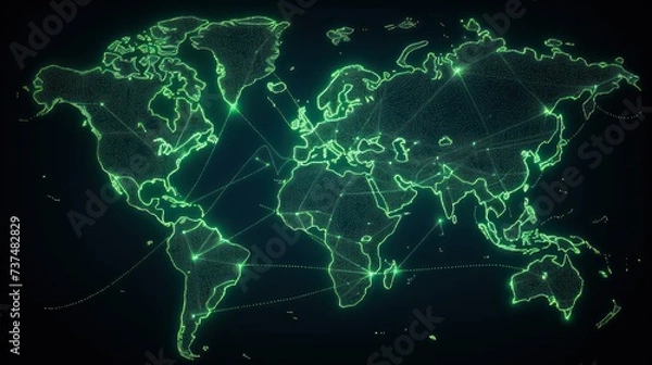 Fototapeta a green world map with a lot of connections, in the style of dark indigo and green, social network analysis,  intricate composition, light indigo and green, exacting precision, internet-inspired