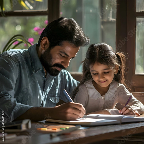 Fototapeta Indian father doing homework with his daughter. Dad helping kid to learn and study for school. Family portrait. 