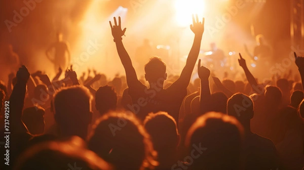 Fototapeta man dancing with hands in the air in front of big stage at a cool rock music festival. Person dancing in the crowd with hand up at a live concert.