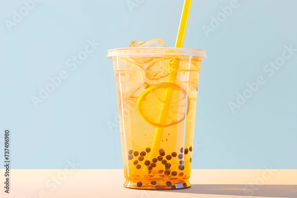 Fototapeta Cup of bubble tea with lemon and blueberry bubbles. AI generated