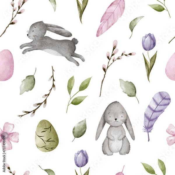 Obraz Easter seamless pattern. Spring watercolor pattern with easter eggs, flowers, leaves, pussy willow, feathers and rabbits