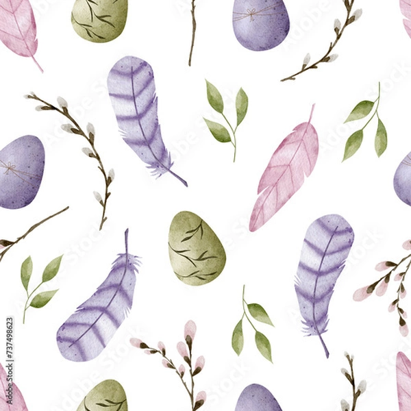 Obraz Easter seamless pattern. Spring watercolor pattern with easter eggs, flowers, leaves, pussy willow, feathers and rabbits
