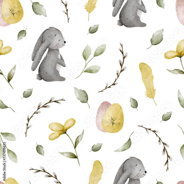 Obraz Easter seamless pattern. Spring watercolor pattern with easter eggs, flowers, leaves, pussy willow, feathers and rabbits
