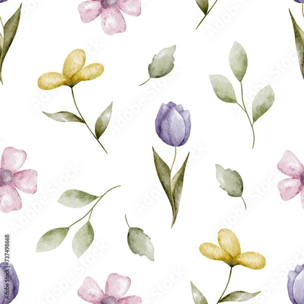 Obraz Seamless pattern with spring flowers and leaves. Watercolor pattern.
