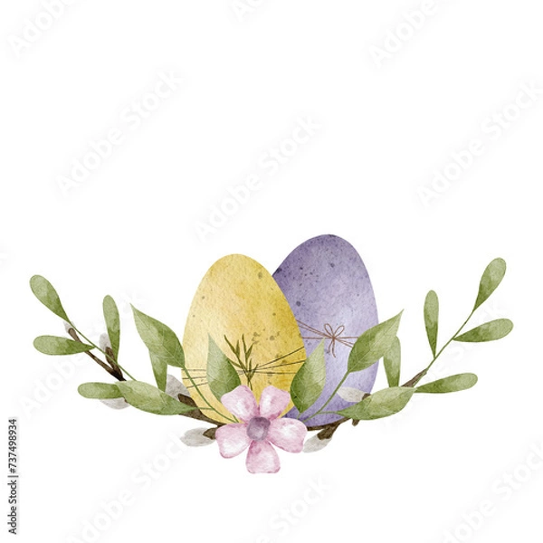 Obraz Easter watercolor composition with colorful eggs and green leaves. Spring composition.