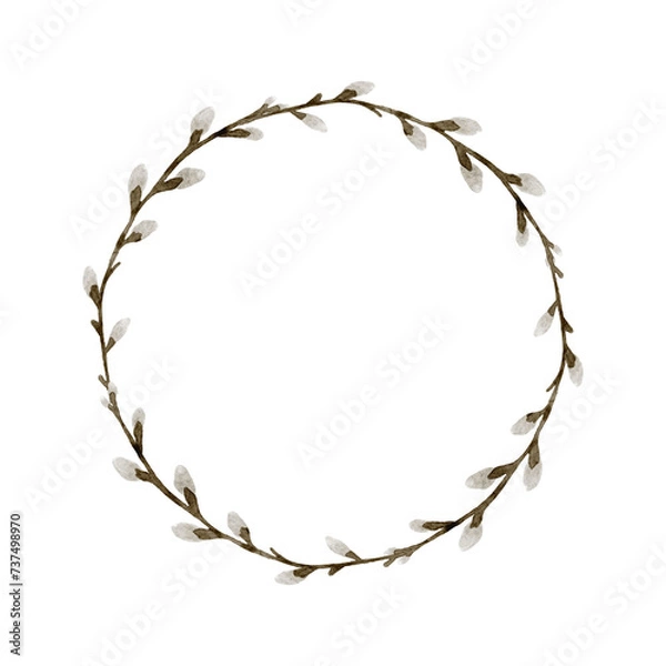 Obraz Watercolor wreath with pussy willows. Spring easter frame.