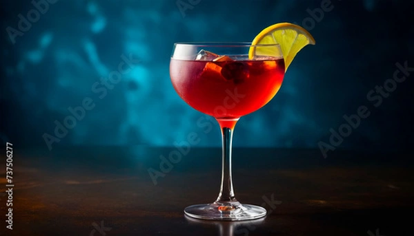 Fototapeta Presented against a deep blue backdrop, the cocktail exudes a cool and sophisticated vibe, perfect for evening soirees and elegant night-time gatherings.